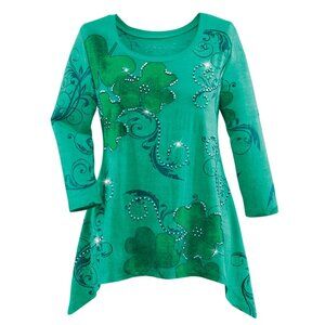New XXL Emerald Green Shamrock Scrolling Sparkling Sequin Shark Bite Knit Tunic